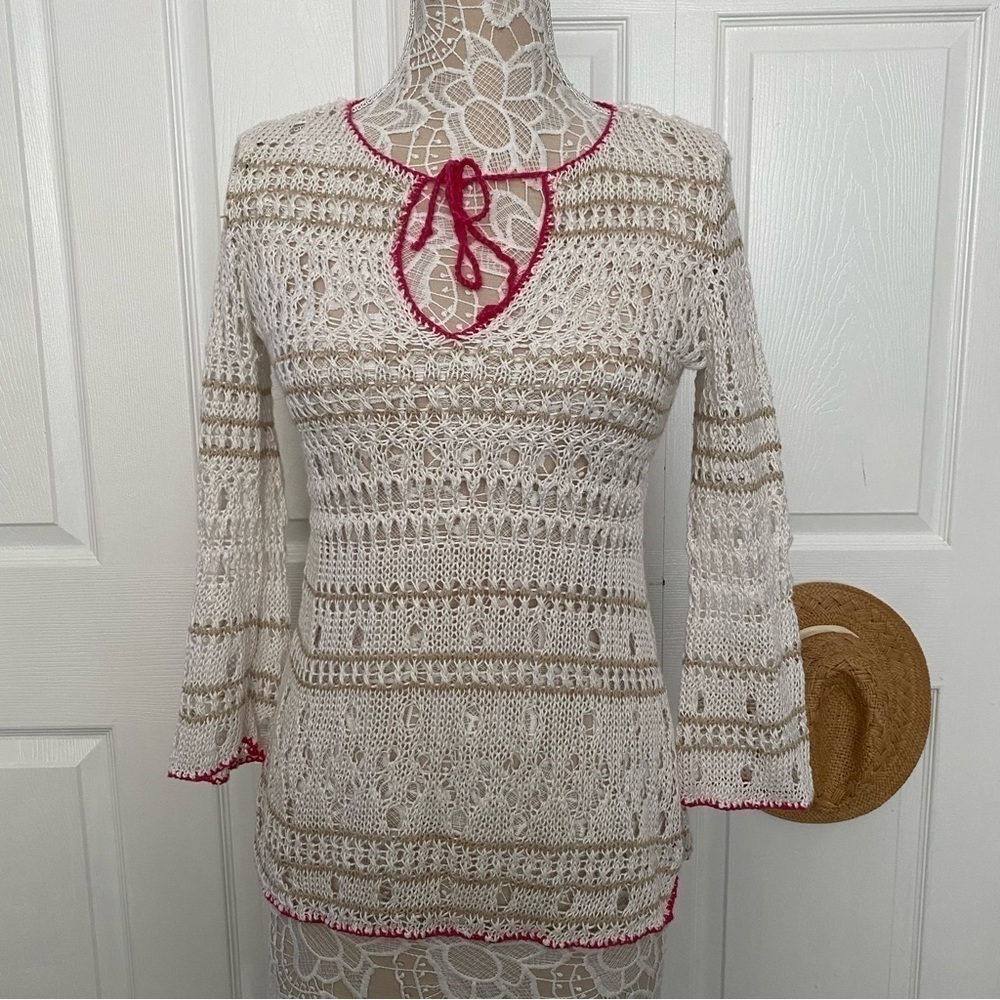 Tommy Bahama Cream White Crochet Dress Linen CoverUp Long sleeve XS